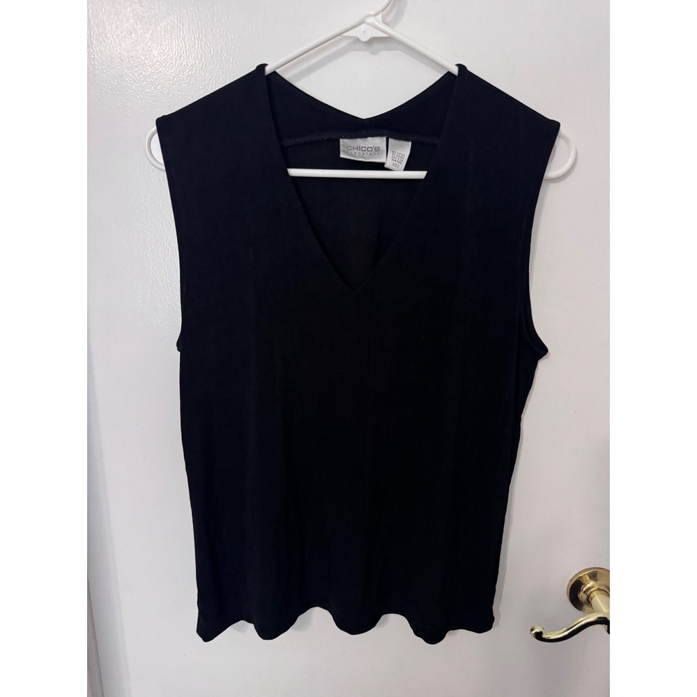 Chicos Travelers Black V-Neck TankTop Sleeveless Shell Size 2 Large Wrinkle-Free